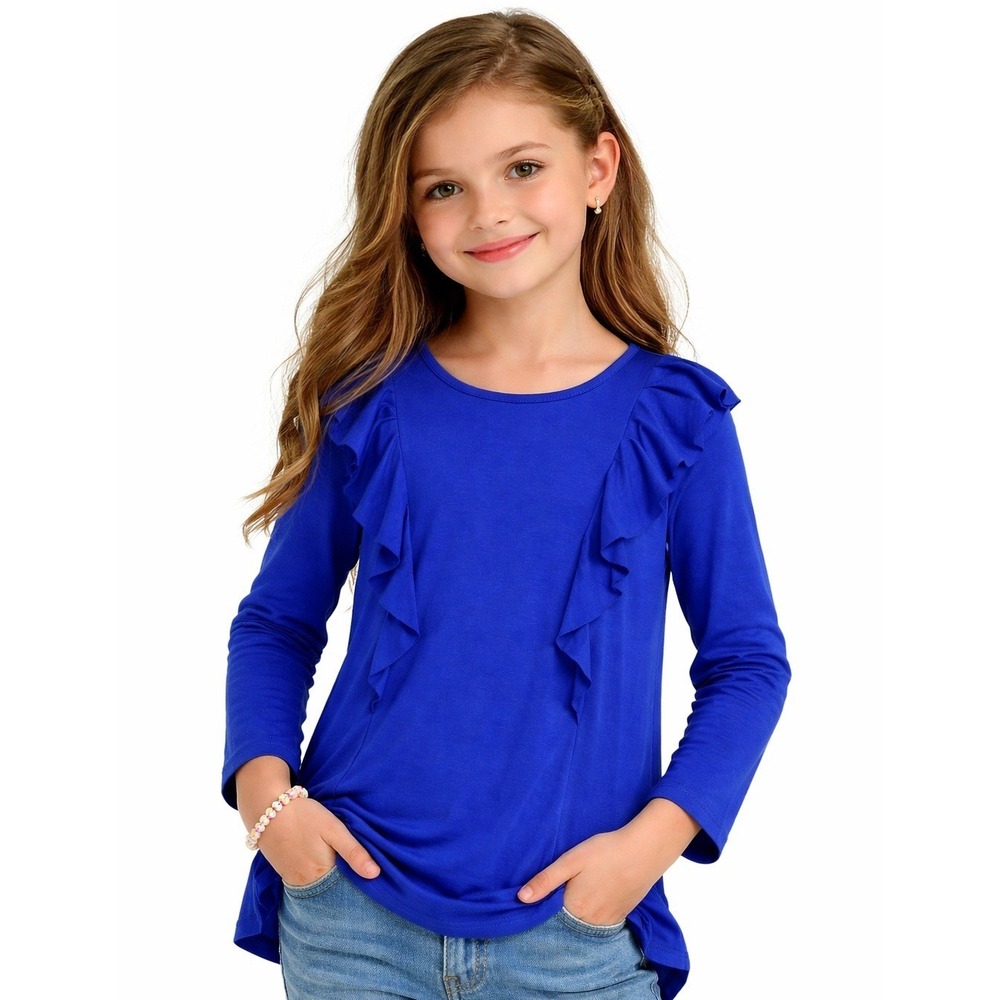 Moa Moa Ruffle‎ Top Girls Size Large Blue Long Sleeve Solid Knit Stretch Kidcore